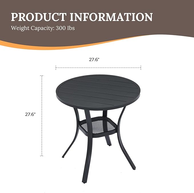 VICLLAX 27.5" Outdoor Round Patio Table for Lawn Garden, All Weather Metal Round Patio Dining Table with Storage Shelf, 2 Person Small Patio Table, Black Tabletop