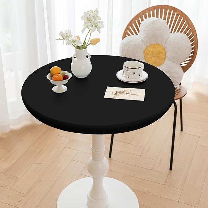 Round Fitted PU Tablecloth with High Elastic Edge 47 Inch Dia Waterproof Oil Proof Table Cloth Anti-Scald Stain-Resistant Wipeable Table Cover for Indoor Outdoor Picnic (Black,47" Dia)