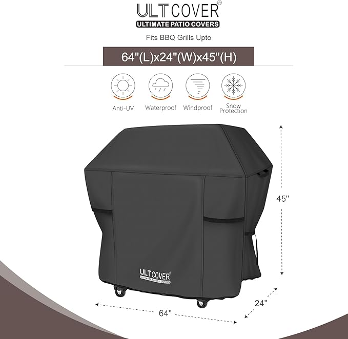 ULTCOVER Waterproof Grill Cover 64 inch, Heavy Duty BBQ Cover for 4-6 Burners Outdoor Gas Barbecue Grill, Black
