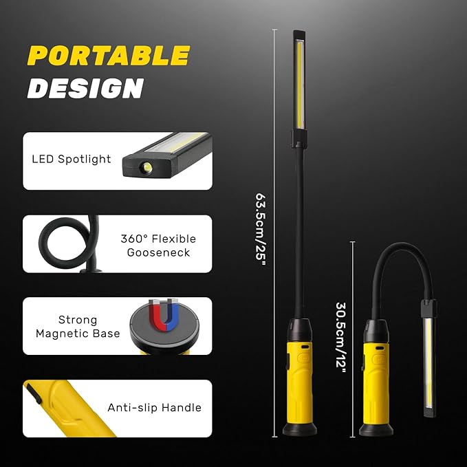 Rechargeable LED Work Light with Flexible Gooseneck, Up to 1000 Lumens 3 Modes Magnetic Work Light, Mechanic Light with Magnetic Base for Work Bench, Lathe, Car Repair, Grill Light, Emergency