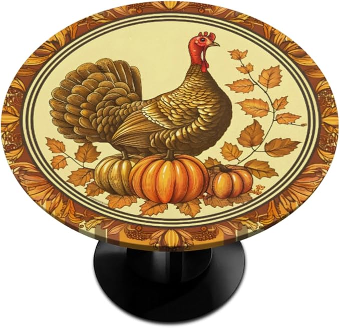 Thanksgiving Vintage Turkey Round Table Cloth Cover, Elastic Edge Waterproof Wipeable Tablecloths 36"-42" Polyester Tablecloth for Party Restaurant Banquet Holiday Camping Outdoor Picnic