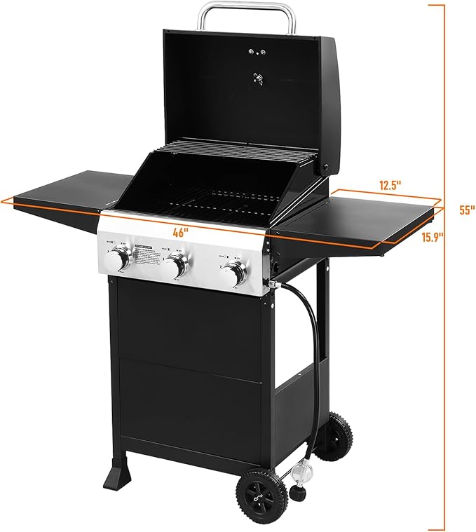 ROVSUN 3-Burner Propane Gas BBQ Grill with Foldable Side Tables & Enameled Cast Iron Grates, 36,000 BTU Barbecue Grill with Portable Wheels for Outdoor Patio Backyard Cooking Grilling, Black