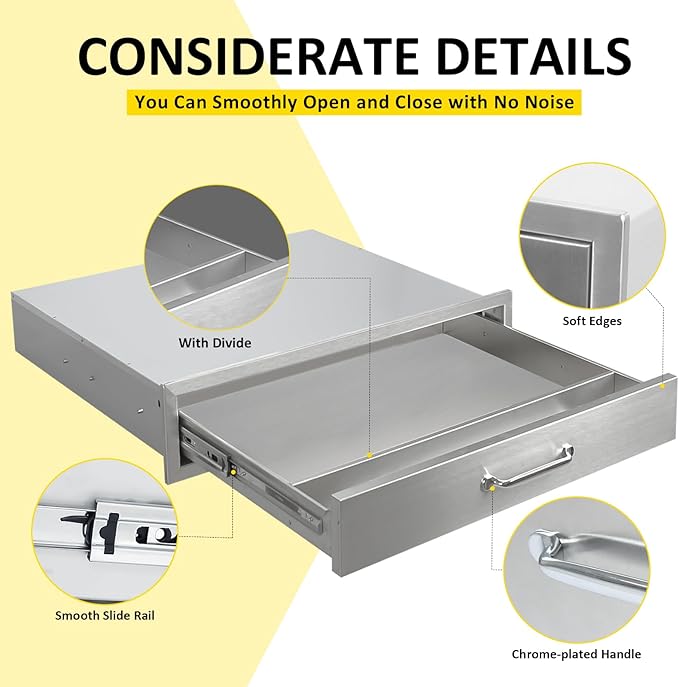 Outdoor Kitchen Drawers 30" W x 6.5" H x 23" D Flush Mount BBQ Single Drawers with Divider,Built-in Stainless Steel Drawer with Chrome Handle for Outdoor Kitchen Island Patio Grill Station