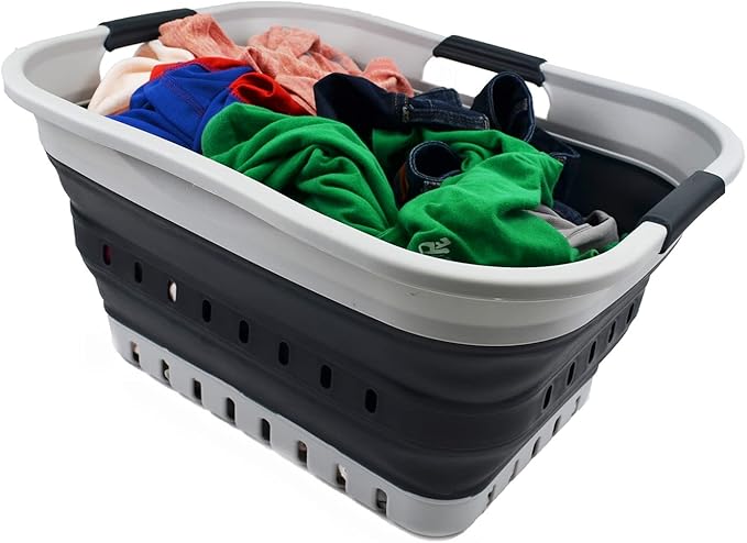 SAMMART 30L (8 gallons) Collapsible Plastic Laundry Basket/Hamper-Foldable Storage Container/Organizer-Space Saving Outdoor Pop Up Saving (Grey/Slate Grey (Set of 2))