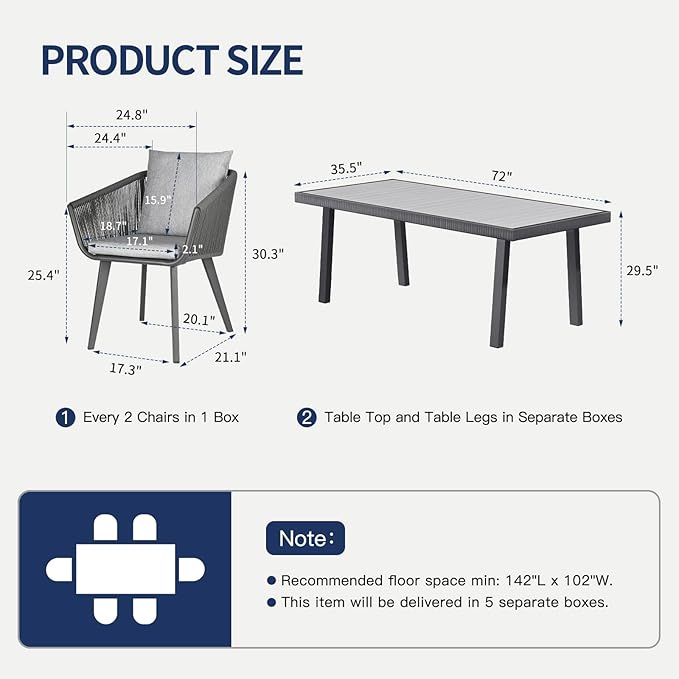 7 Pieces Patio Dining Set for 6 - All Weather Outdoor Dining Sets, All in One Outdoor Table and Chairs, Wicker Outdoor Patio Furniture Sets with Cushions and Pillows, Grey