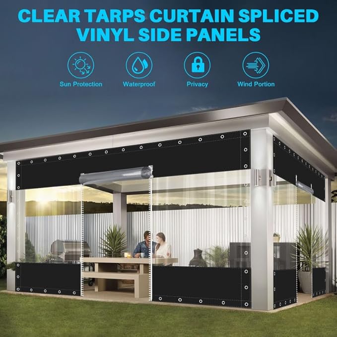 Clear Vinyl Curtains with Zippered Entry, 23oz Heavy Duty Waterproof Anti-UV and Tear-Resistant Tarpaulin with Grommets, Weatherproof Panels for Porch, Pergola, Gazebo, Balcony, Patio, Enclosure