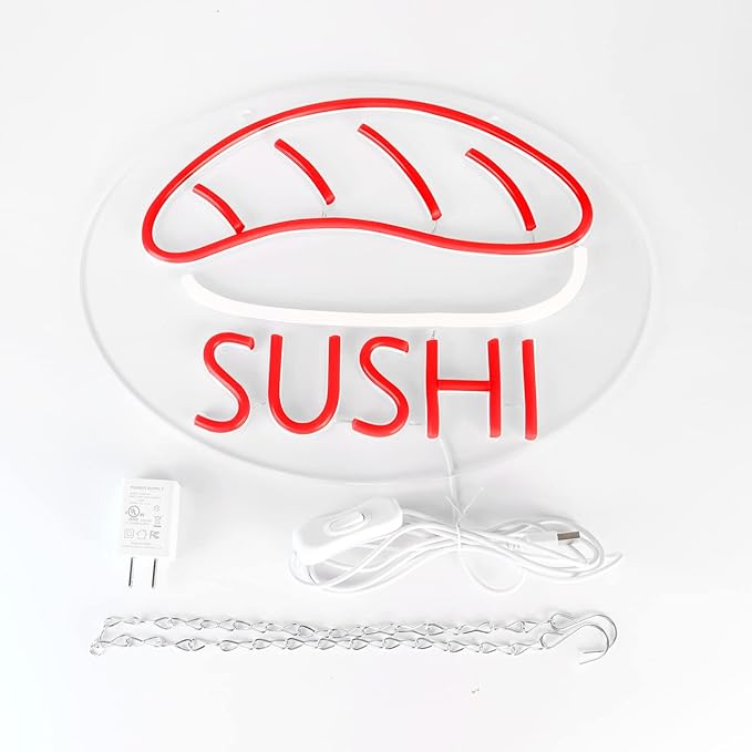 JFLLamp SUSHI Neon Signs for Wall Decor Neon Lights for Business Led Signs Suitable for Japanese Restaurant Convenience Stores Supermarkets Office Bar Pub 5V Power Adapter 17.3*10.2 Inch(Red + White)