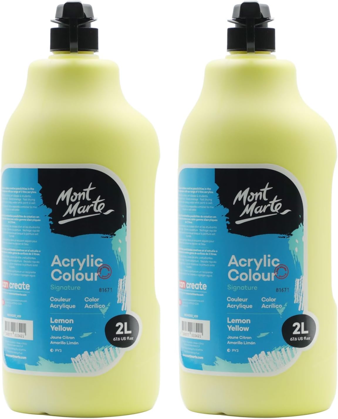 Mont Marte Discovery School Acrylic, 2 PACK, Lemon Yellow, 1/2 Gallon (2 Liter). Ideal for Students and Artists. Excellent Coverage and Fast Drying. Pump Lid Included.