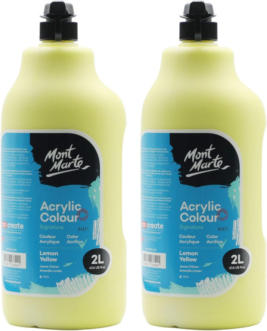 Mont Marte Discovery School Acrylic, 2 PACK, Lemon Yellow, 1/2 Gallon (2 Liter). Ideal for Students and Artists. Excellent Coverage and Fast Drying. Pump Lid Included.