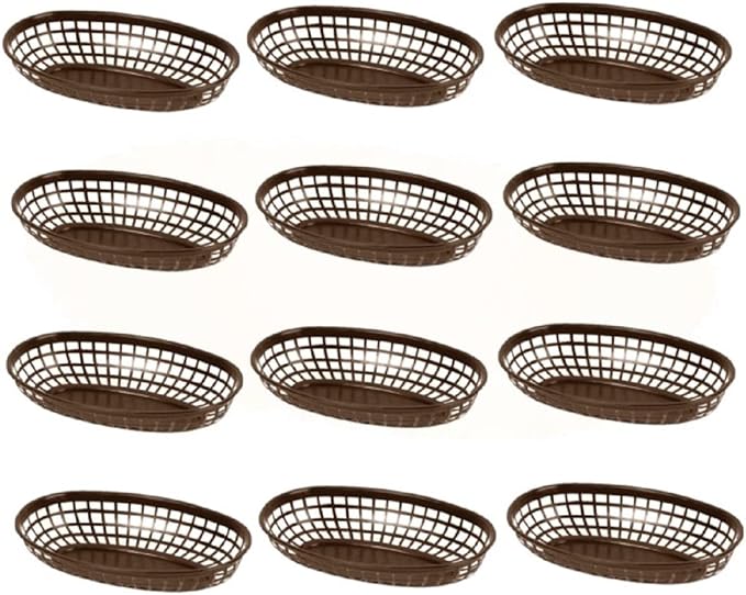 TrueCraftware- 9-3/8" Oval Fast Food Basket Brown Plastic Set of 12- Fry Fast Food Reusable Foodservice Restaurant Diner Tray Plates Restaurant Deli Serving Chicken Burgers Sandwiches & Fries