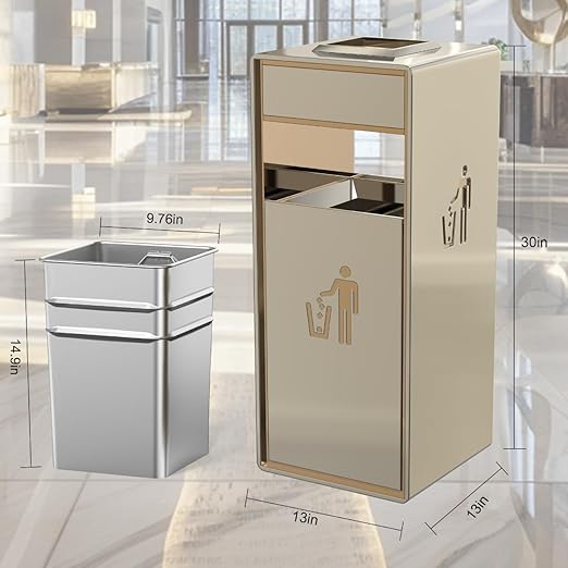 Stainless Steel Gold Commercial Trash Can, Heavy Duty Brushed Finish Garbage Bin, Fingerprint-Resistant Large Indoor Outdoor Trash Can for Office, Hotel Lobby, Conference Hall, 13"x13"x30"