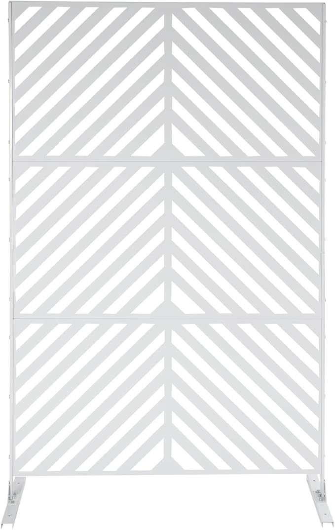 75" H×35" W Decorative Outdoor Privacy Screen with Stand, Outdoor Decor Privacy Fence Screen Metal Fence Panels, Free Standing Metal Divider for Patio Lawn Deck (White-Twill)