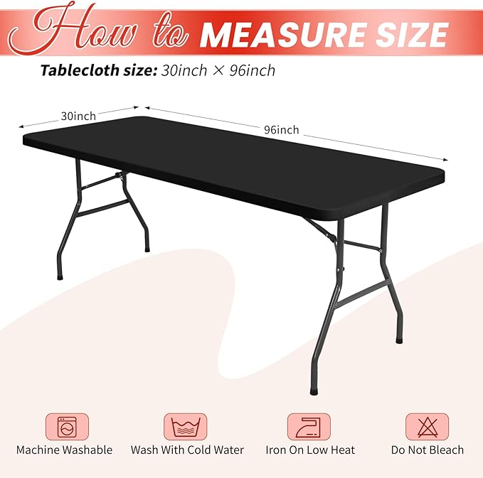 10 Pack Stretch Fabric Table Top Cap Cover, fits 8Ft Tables, Spandex Table Covers Washable Elastic Universal Rectangle Tablecloth Protector for Indoor Outdoor Party Picnic Wedding, Black,30" W x 96" L