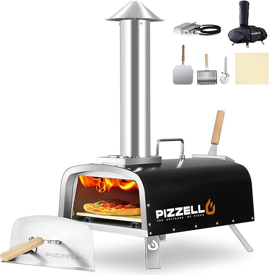 PIZZELLO 12" Outdoor Pizza Oven Propane and Wood Fired Pizza Maker Multi-Fuel Pizza Ovens with Gas Burner, Wood Tray, Stone, Pizza Peel, Cover, Forte Gas (Black)