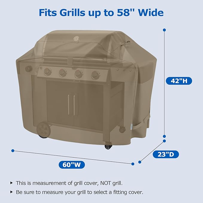 SunPatio Gas Grill Cover 60 Inch, Heavy Duty Waterproof Outdoor Barbecue Cover with Sealed Seam, FadeStop Material, All Weather Resistant Compatible for Weber CharBroil Nexgrill Grills and More, Taupe