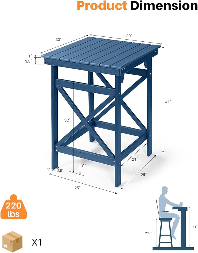 HDPE Outdoor Bar Table, 41" Adirondack Outdoor Bar Height Table, All Weather HDPE High Top Pub Table, Square HDPE Patio Bar Tables for Balcony, Deck, Backyard, Poolside, Navy