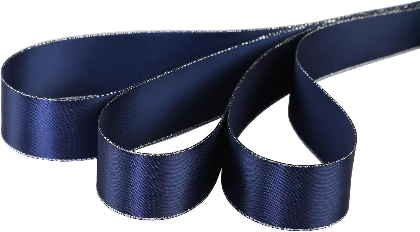 ITIsparkle 1" Inch Double Faced Satin Ribbon 25 Yards with Silver Edges, 1" X 25Yd - Navy