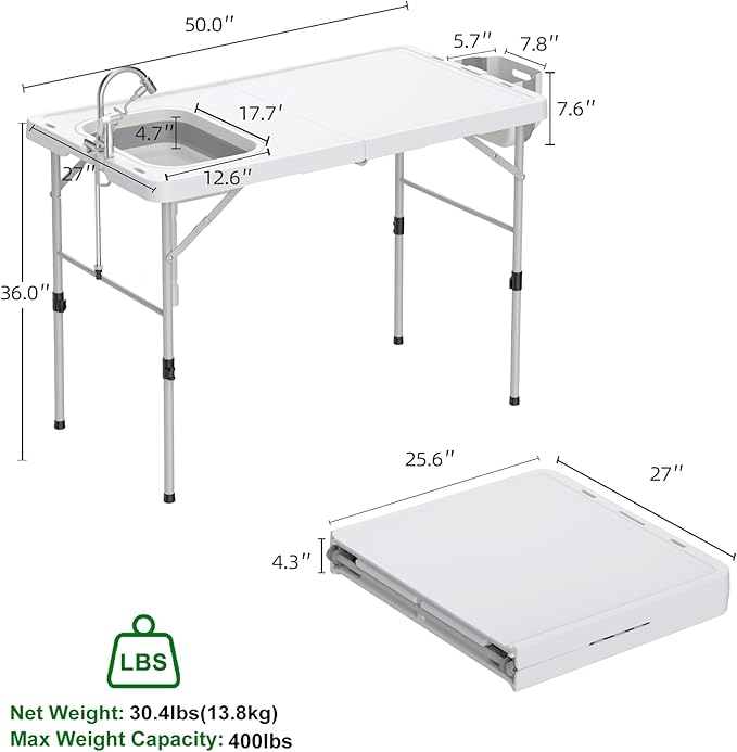 Allpop Fold-in-Half Fish Cleaning Table with Sink & Carrying Bag, 50'' Portable Folding Camping Fish Station with Drainage Hose, Faucet, Sprayer, Storage Box & Grooves for Picnic, White