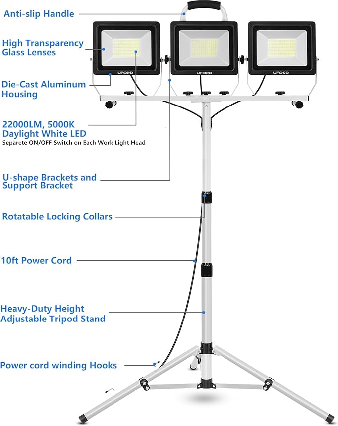 UFOND 22000 Lumen LED Work Light with Stand,3 Head Portable Work Lights with Individual Switch,Waterproof Work Lamp, Adjustable Metal Telescoping Tripod with Power Cord