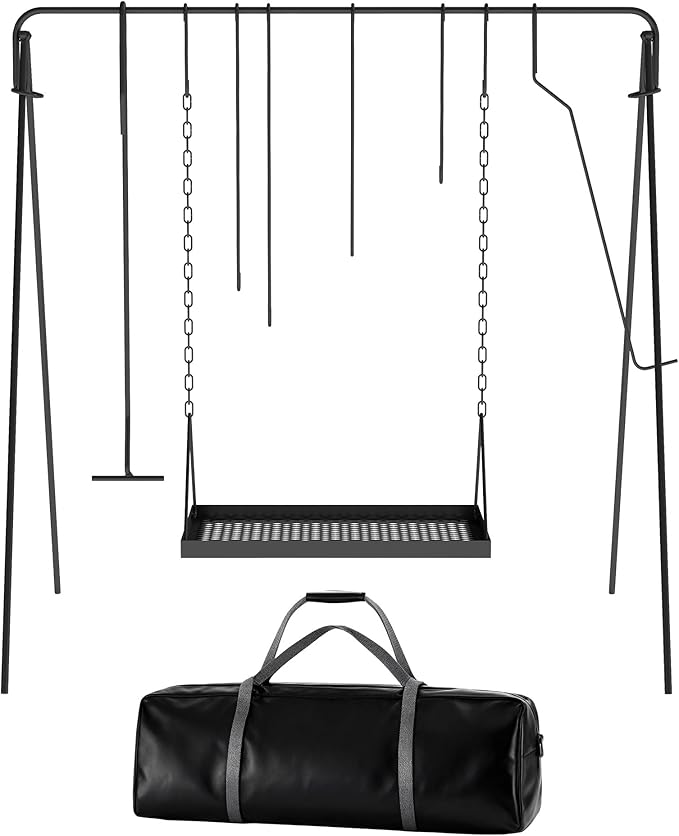 Campfire Swing Grill with Adjustable Grill Cooking Rack,Camp Fire Cooking Equipment Comes With 8 Hooks, Accessories and handbag,Portable Dutch Oven Hanger for Camping, Hiking, Cookware, Bonfire