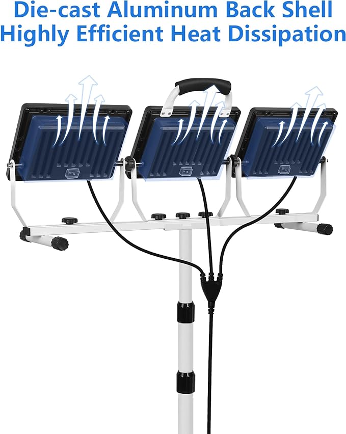 UFOND 22000 Lumen LED Work Light with Stand,3 Head Portable Work Lights with Individual Switch,Waterproof Work Lamp, Adjustable Metal Telescoping Tripod with Power Cord