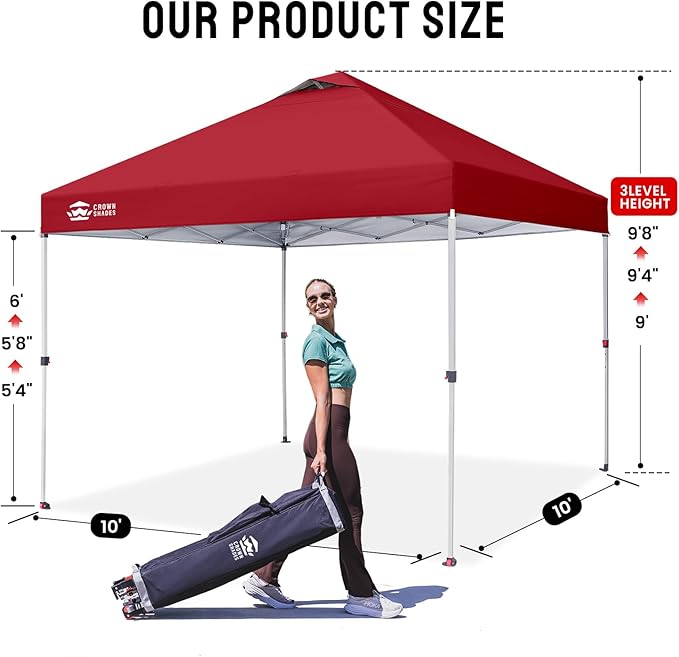 CROWN SHADES 10x10 Pop Up Canopy - Beach Tent with One Push Setup - Easy Outdoor Sun Shade for Events, Parties, Camping - Gazebo with STO-N-Go Cover Bag, Silver Coated Top, Red
