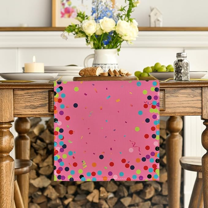 Artoid Mode Polka Dot Pink Happy Birthday Table Runner, Seasonal Kitchen Dining Table Decoration for Home Party Decor 13x36 Inch