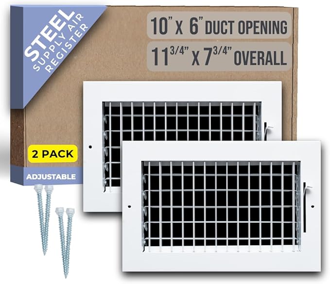 [2 Pack] Fits 10x6 Duct Opening Steel Adjustable Air Supply Grille by Handua | Register Vent Cover Grill for Sidewall and Ceiling | White | Outer Size: 11.75" X 7.75"