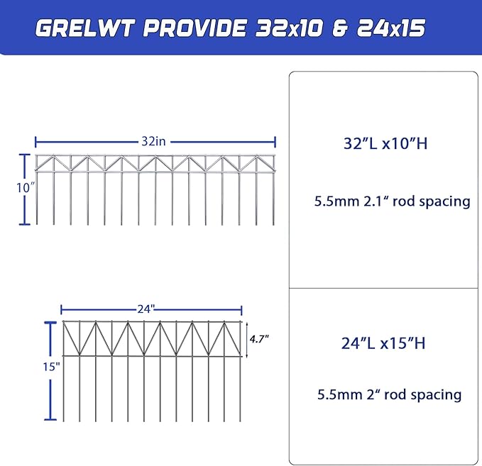 10 Pack 24" L x 15" H Animal Barrier Fence, Underground No Dig Fence Patented Product, 5.5mm Galvanized Stakes with 2 inch Spacing, Anti Digging for Dogs, Total 20Ft(L) X 15in(H) Black