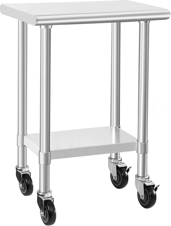 HARDURA Stainless Steel Commercial Table Prep & Work Table with Casters Heavy Duty Metal Table with Wheels NSF 430 18×24 Inches