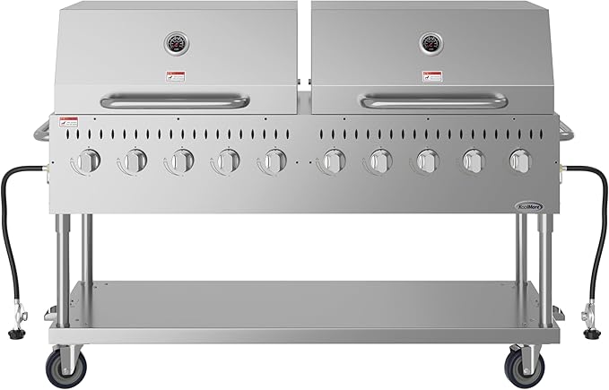 72 in. 10-Burner Commercial Outdoor Propane Gas Grill with Two 36 in. Roll Dome Covers in Stainless-Steel, ETL Listed (CGKIT7-D36D36)