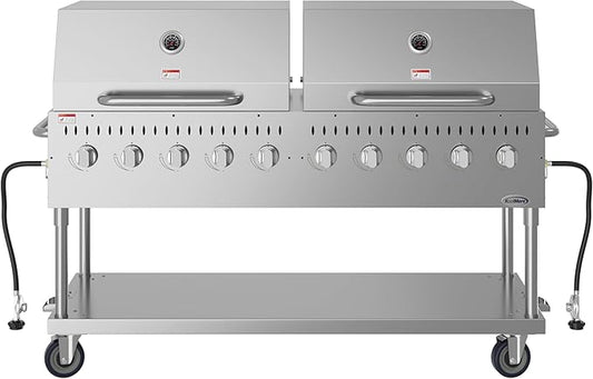 72 in. 10-Burner Commercial Outdoor Propane Gas Grill with Two 36 in. Roll Dome Covers in Stainless-Steel, ETL Listed (CGKIT7-D36D36)