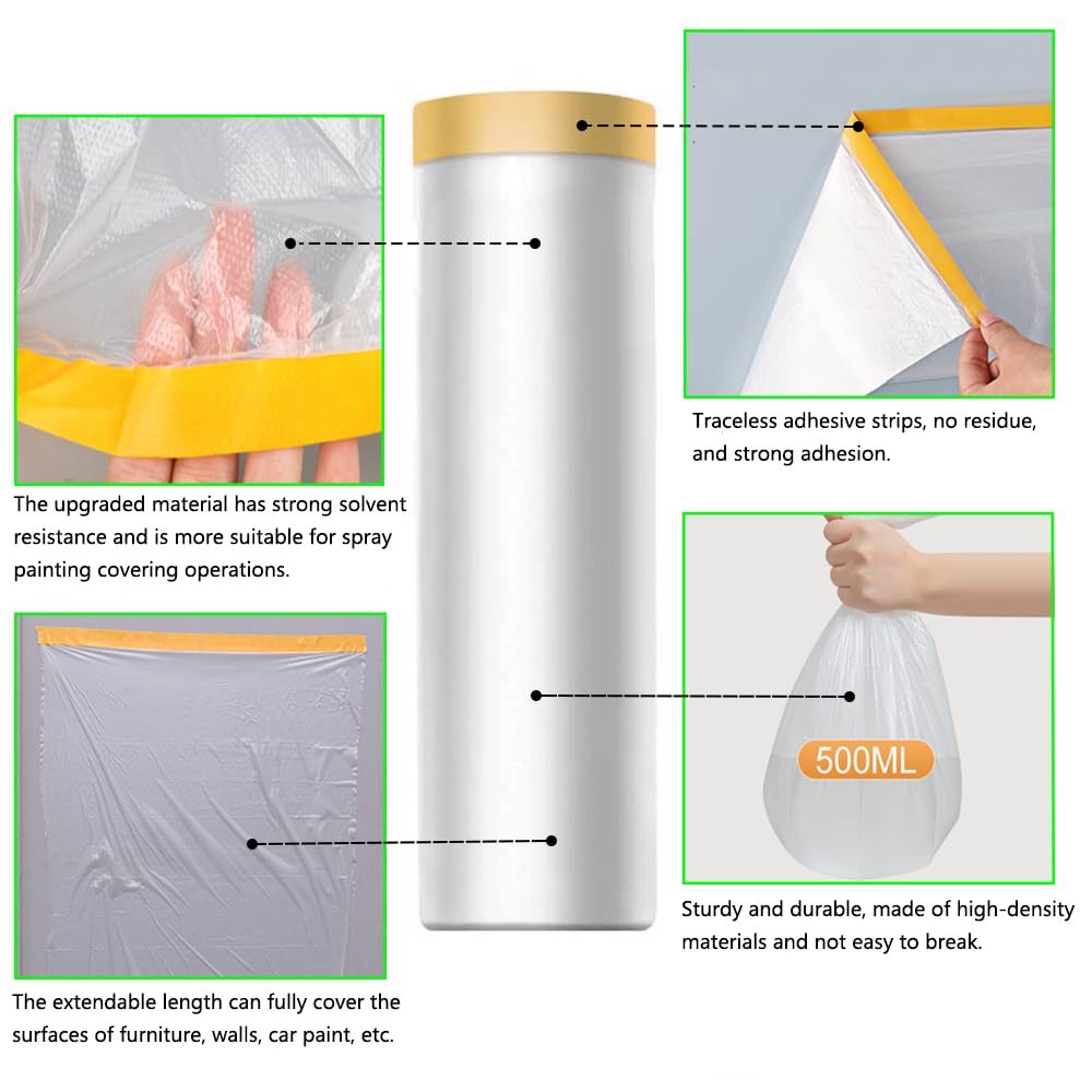 Pre-Taped Masking Film-70inx65ft Tape and Drape Painters Plastic Rolls, Plastic Painting Film for Automotive Painting Covering,Protective Drop Film for Furniture, Car, Floor (2rolls, 70in×65ft)