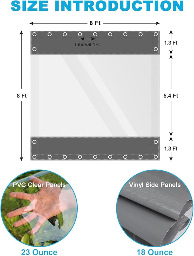 Clear Vinyl Curtains for Patio Enclosure, 23oz Heavy Duty Waterproof Anti-UV and Tear-Resistant Tarpaulin with Grommets, Weatherproof Panels for Porch, Pergola, Gazebo, Balcony, Outdoor