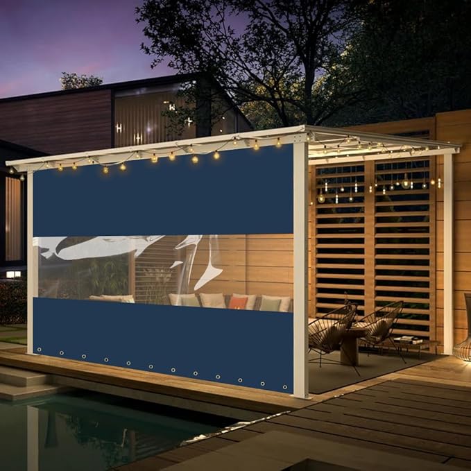 Covers & All Outdoor Clear Panel Curtain, 12 oz Vinyl Outdor Curtains for Patio, Waterproof & Weather Resistant Tarp with Brass Grommets for Pergola, Porch, Gazebos, Balcony (4' H x 9' W feet, Blue)