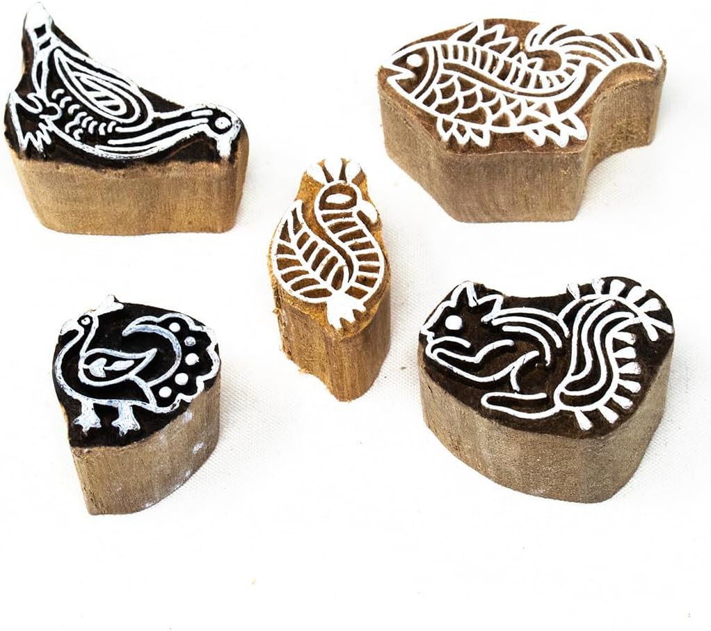 Hashcart Wooden Indian Traditional Design Printing Stamps/Blocks for Printing Saree Border/Dresses/Craft Card Making/Scrapbook/Clay Pottery (Set of 5)