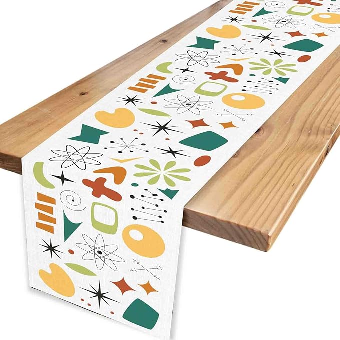 Mid Century Table Runner, Retro 1950s Atomic Pattern Modern Abstract Geometric Coffee Table Center Decor for Home Kitchen Dining Patio Holiday Party Indoor Outdoor Table Decorations, 13"x36" Inch