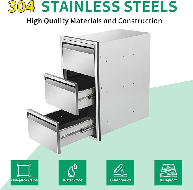 Outdoor Kitchen Drawers 14" W x 25.4" H x 21" D Stainless Steel Triple Drawers with Hidden Handle for BBQ Island, Patio Grill Station & Outdoor Kitchen Cabinets
