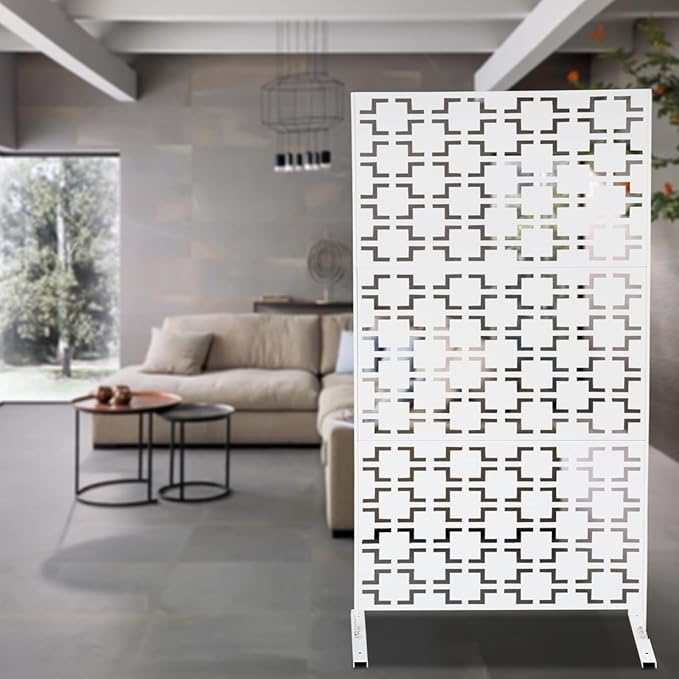 75" H×35" W Decorative Outdoor Privacy Screen with Stand, Outdoor Decor Privacy Fence Screen Metal Fence Panels, Free Standing Metal Divider for Patio Lawn Deck (White-Square)