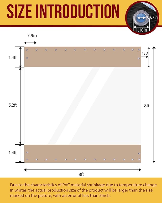 FoundGo 8'Hx8'W Outdoor Vinyl Curtains for Patio,19oz Clear Vinyl Patio Enclosure,Heavy Duty Clear Tarps Waterproof Vinyl Tarp with Grommets for Pergola, Porch,Gazebos,Balcony,-4℉ Cold Resistant