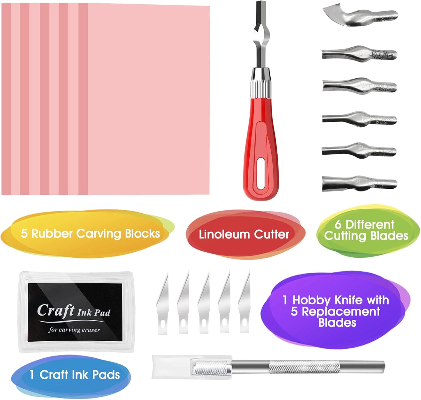 WAYCOM 5-Pack Linoleum Blocks for Printmaking with Cutter Tools, Rubber Block Stamp Carving Blocks Stamp Making Kit Craft Ink Pad Hobby Knife for DIY Printmaking,Printing and More