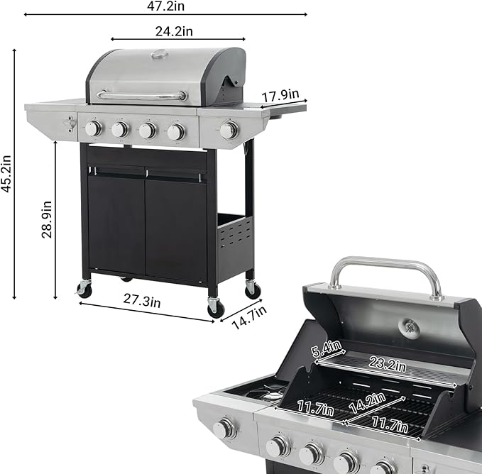 Endark 4-Burner Propane BBQ Grill 46,500 BTU with Side Burner, Stainless Steel Gas Grill, Enameled Cast Iron Grates & Foldable Side Tables for Outdoor Backyard, Patio Cooking