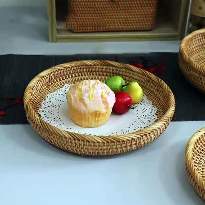 RT&BS Round Rattan Tray, Natural Rattan Decorative Tray, Christmas Food Tray, Handwoven Serving Baskets for Breakfast, Drinks, Snacks (M, Ø8.7 * 1.6'')