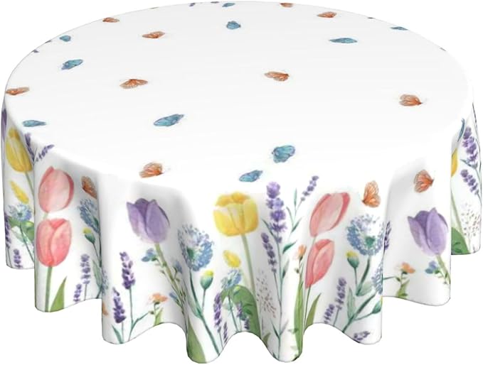 Spring Floral Round Tablecloth 70 Inch, Tulip Lavender Flower Decorative Tablecloths Stain Resistance Polyester Beautiful Flower Table Cloth for Holiday Parties Kitchen Dining Indoor Outdoor