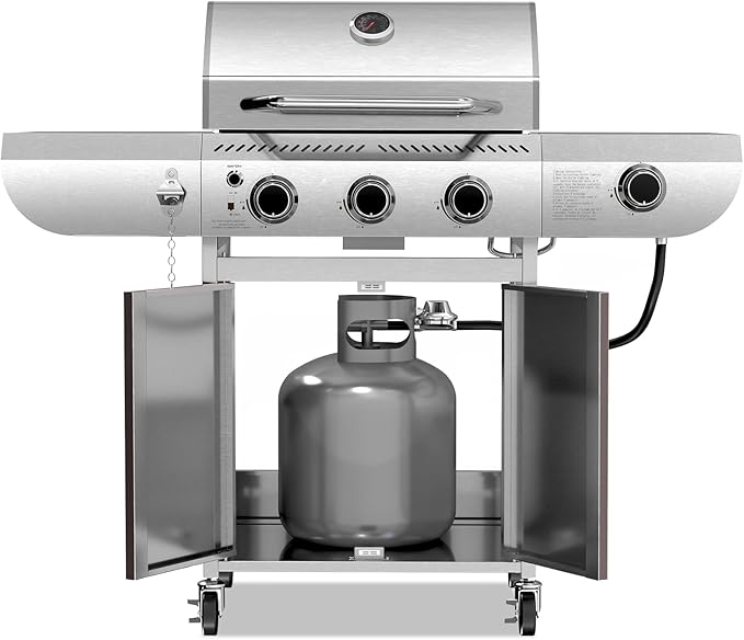 R.W.FLAME 3-Burner Propane Gas Grill With Sider Burner, Stainless Steel Propane Grill 34,000BTU, Multifunction & Protable Outdoor Barbecue Grill with Casters for Camping & Parties