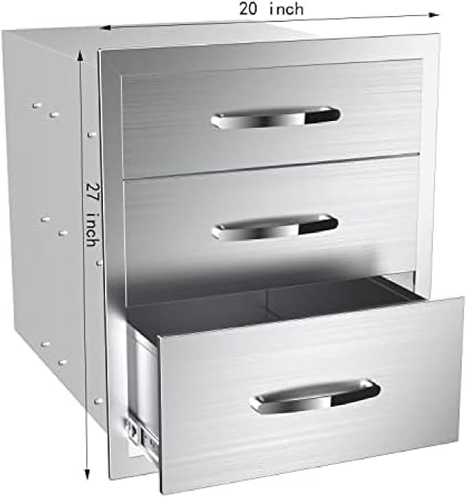 Stainless Steel Outdoor Kitchen Drawers - 3-Drawer BBQ Drawer, Built-in, Flush Mount - 20Wx23Dx27H