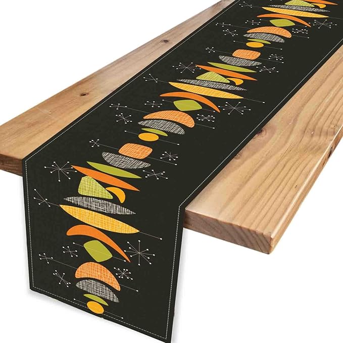 Mid Century Modern Table Runner, Retro 1950s Atomic Modern Abstract Black Orange Coffee Table Center Decor for Home Kitchen Dining Patio Holiday Party Table Decorations, 13"x72" Inch