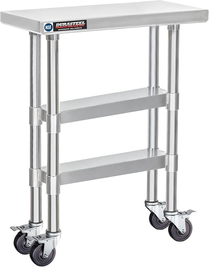 DuraSteel Stainless Steel Work Table 30" x 12" x 34" Height w/ 4 Caster Wheels - Food Prep Commercial Grade Worktable - NSF Certified - Good for Restaurant, Business, Warehouse, Home, Kitchen, Garage