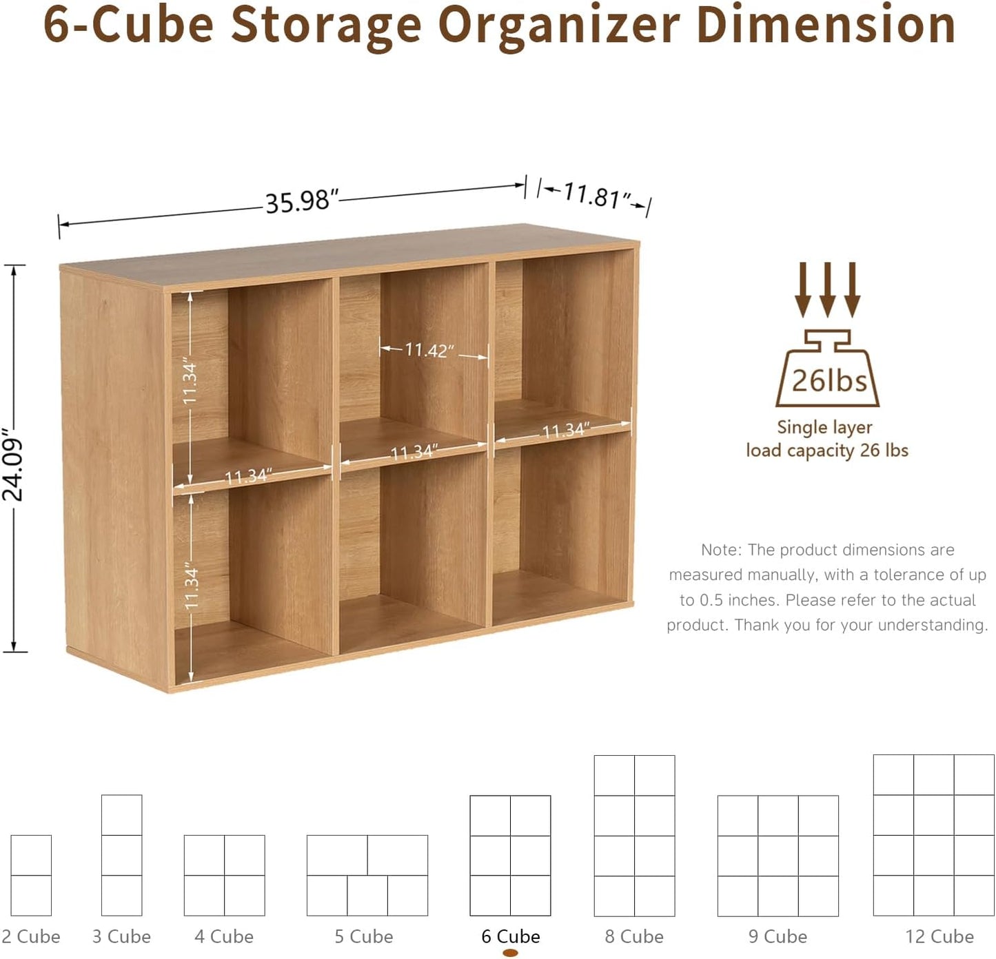 Wooden 6-Cube Storage Organizer with Closed Back Panel, 11in Cube Shelf Opening, Bookshelf, Display Shelf,Closet Cabinet for Home and Office,Natural Oak