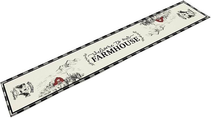 Farmhouse Table Runner, Rustic Country Barn Cottage Rooster Cow Check Animal Plank Coffee Table Center Decor for Home Kitchen Dining Patio Holiday Party Indoor Outdoor Table Decorations 13"x36"